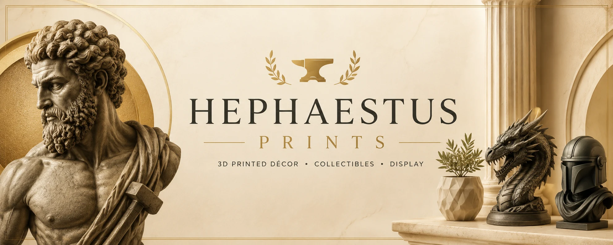 Hephaestus Prints. 3D printed décor, collectibles and display, with classical Greek sculpture and warm gold accents.